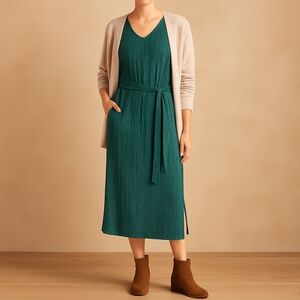 Lush Women's Small Dress Midi Pleated Green Belted Lined Cap Sleeve Pockets Slit